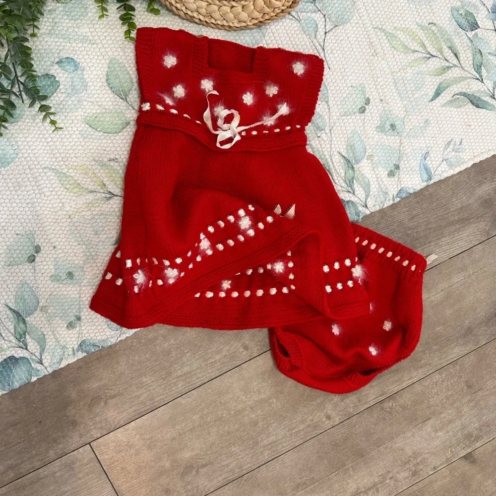 Red Knitted Baby Dress with White Accents